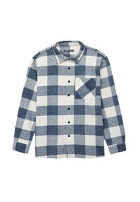 Skjorte med knapstribe i marineblå og hvidt ternet mønster. Flannelstof med lange ærmer, spidse krave og en enkelt brystlomme. Sorte knapper.