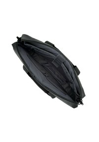Schwarze synthetische Tasche mit einem Reißverschluss, die ein geräumiges graues Innenleben, interne Fächer und zwei Tragriemen bietet.