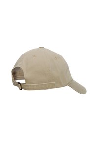 Căciulă de baseball din bumbac bej, cu o coronă rotundă, visieră curbată și curea ajustabilă în spate. Prezintă gauri de ventilație pentru respirabilitate.
