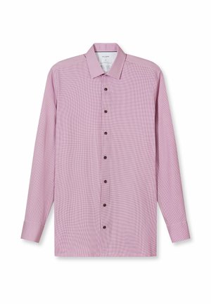 Camicia da uomo a maniche lunghe di colore lilla chiaro con colletto appuntito e bottoni marroni sul davanti.