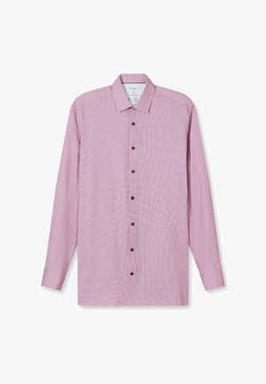 Camicia da uomo a maniche lunghe di colore lilla chiaro con colletto appuntito e bottoni marroni sul davanti.