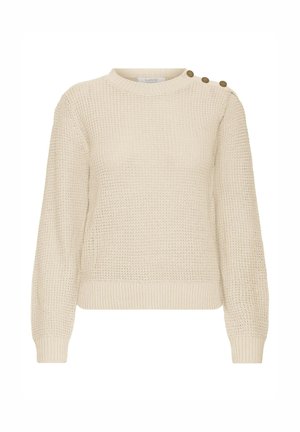 Beige stickad tröja med långa ärmar och tre bruna knappar på vänster axel, med ribbad kant och mudd.