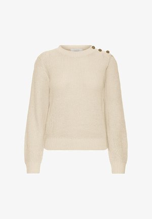 Béžový pletený sveter s dlhými rukávmi a tromi hnedými gombíkmi na ľavom ramene, s rebrovaným lemom a manžetami.