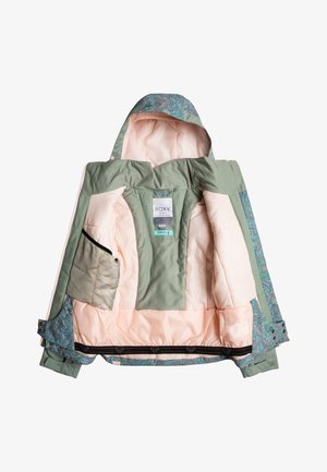 Roxy-tyttöjen takki, jossa on vihreä ulkokuori, vaaleanpunainen vuori, kukkakuosi hupussa ja useita sisätaskuja.