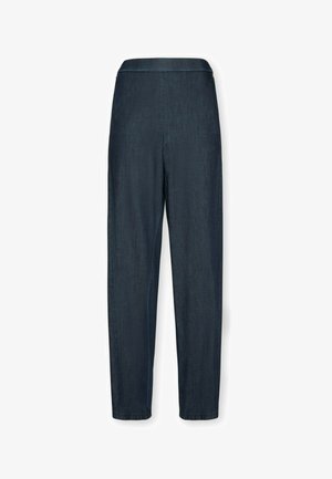 Pantalon droit bleu foncé avec une taille élastique, sans poches ni boutons visibles, présenté sur un fond blanc.