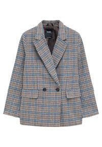 Blazer croisé avec motif pied-de-poule bleu, marron et blanc, revers crantés, deux boutons devant et poches à rabats.