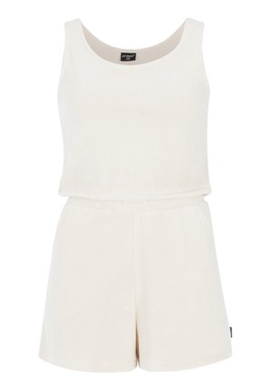 Mono sin mangas de color beige claro, fabricado en un tejido suave y texturizado; cuenta con una cintura elástica y un escote redondeado.