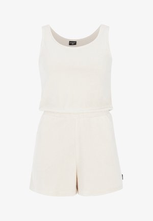 Svijetlosmeđi bezrukavni kombinezon izrađen od mekog, teksturiranog materijala; sadrži elastičnu traku u struku i okrugli izrez.