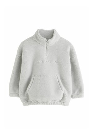 Lysegrå fleece-pullover med kvart-lynlås, høj krave, front kengurulomme og elastisk kant og manchetter.
