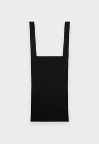 Top cropped sem mangas em malha canelada preta com alças largas e decote quadrado em fundo branco.