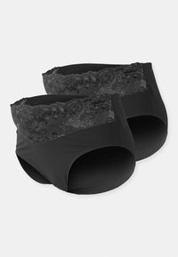 Zwarte hooggeremde slip met een decoratieve kant tailleband. Gemaakt van een gladde stof met een naadloos ontwerp voor comfort.