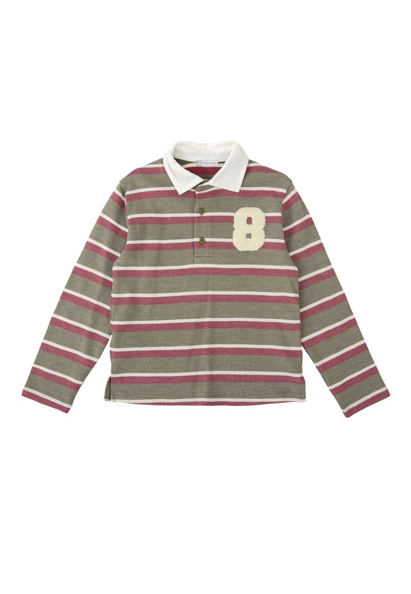 Camisa polo de manga larga con rayas grises, granate y blancas, un color blanco, tres botones y un acento texturizado en color blanco con el número "8".