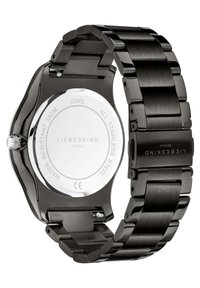 Schwarze Armbanduhr aus Edelstahl mit einer glatten, polierten Oberfläche, ausgestattet mit einem eleganten Gliederarmband und einem runden Gehäuse. Wasserdicht bis 5 ATM.