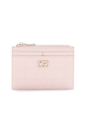 Lichtroze leren kaarthouder met geperst herhalend "G" patroon, gouden double-G logo, meerdere kaartvakken en bovenste ritsvak.