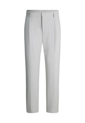 Lichtgrijze broek met rechte pijpen, voorste knoop, ritssluiting, lussen voor een riem en zijzakken, gemaakt van gestructureerde stof.