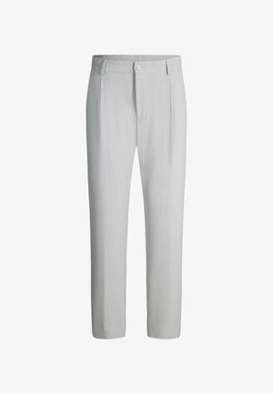 Light gray straight-leg trousers with a front button, zip fly, belt loops, and side pockets, made from textured fabric.