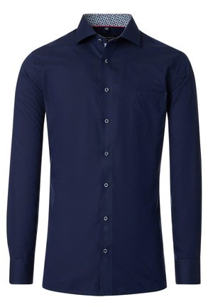 Navy blue long-sleeve shirt with a button-up front, pocket detail, and patterned inner collar. Smooth texture, tailored fit.