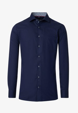 Dunkelblaues Langarmhemd mit Knopfleiste, Taschen détail und gemustertem Innenkragen. Glatte Textur, taillierte Passform.