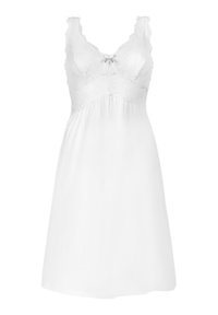 Vestito da notte bianco con dettagli in pizzo nel corpetto, spalline regolabili e una gonna morbida e fluida. Presenta un piccolo fiocco al centro.