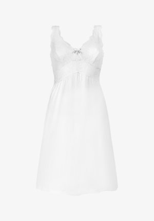 Witte slaapjurk met kantdetails in het lijfje, verstelbare spaghetti straps en een zachte, vloeiende rok. Bevat een klein strikje in het midden.