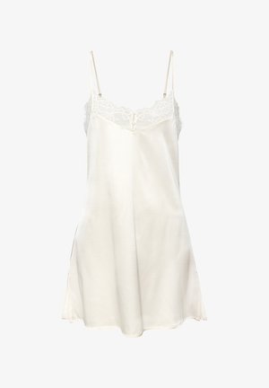 Cream satin slip dress with lace trim at neckline, thin adjustable straps, and small buttons at center front.