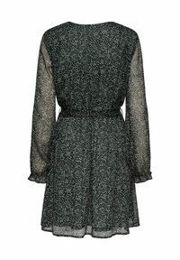 Robe à manches longues à motif noir et blanc, taille cintrée et tissu semi-transparent vue de dos.