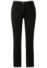 Black denim jeans with a slim fit, featuring a button closure, five pockets, and a smooth texture. Straight leg design and minimal detailing.