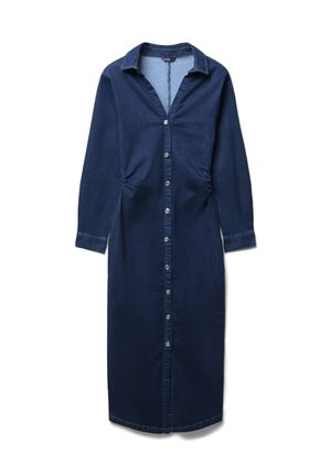 Abito camicia in denim, blu scuro, maniche lunghe, con chiusura a bottoni frontale, colletto, tessuto texturizzato, fianchi arricciati, design lungo fino al ginocchio.