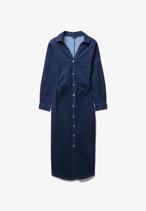 Robe chemise en denim, bleu foncé, manches longues, patte de boutonnage à l'avant, col, tissu texturé, côtés froncés, design à longueur genou.
