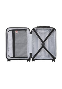 Black suitcase with a gray interior. Features include a zippered mesh pocket, cross straps, and a sturdy handle on top.