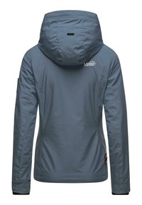 Blue weatherproof jacket with a hood, featuring a logo on the upper back, crafted from a smooth, lightweight fabric with sleek lines.