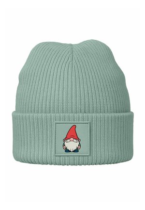 Light green ribbed knit beanie with a folded cuff featuring a rectangular patch displaying a cartoon gnome with a red hat and white beard.