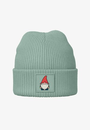 Light green ribbed knit beanie with a folded cuff featuring a rectangular patch displaying a cartoon gnome with a red hat and white beard.