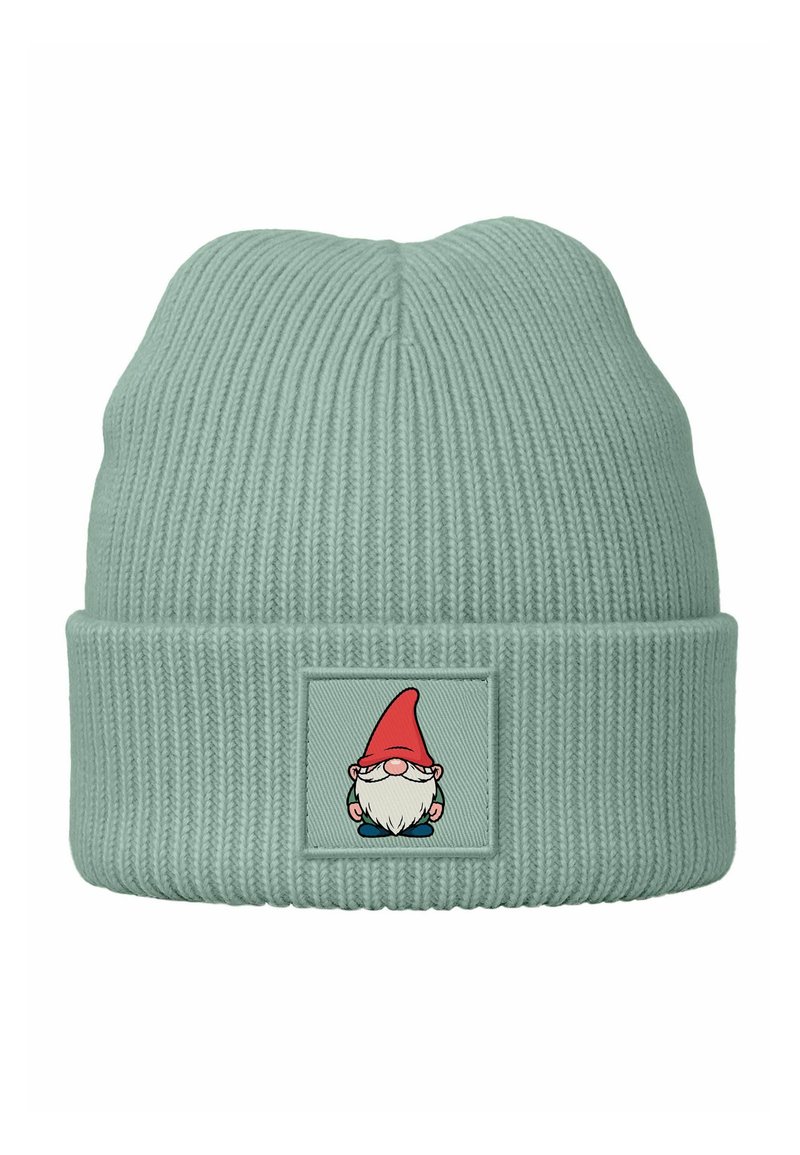 Light green ribbed knit beanie with a folded cuff featuring a rectangular patch displaying a cartoon gnome with a red hat and white beard.
