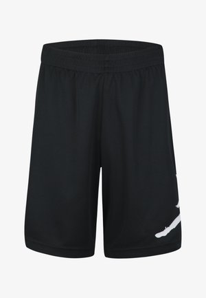 Schwarze Sportshorts aus atmungsaktivem Material, mit elastischem Bund und einem weißen Logo-Print an der Seite.