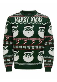 Grüner Strickpullover mit weißen Weihnachtsmann-Gesichtern mit Brille, roten Zuckerstangen und Schneeflocken. Der Text lautet "FROHE WEIHNACHTEN" in Weiß.