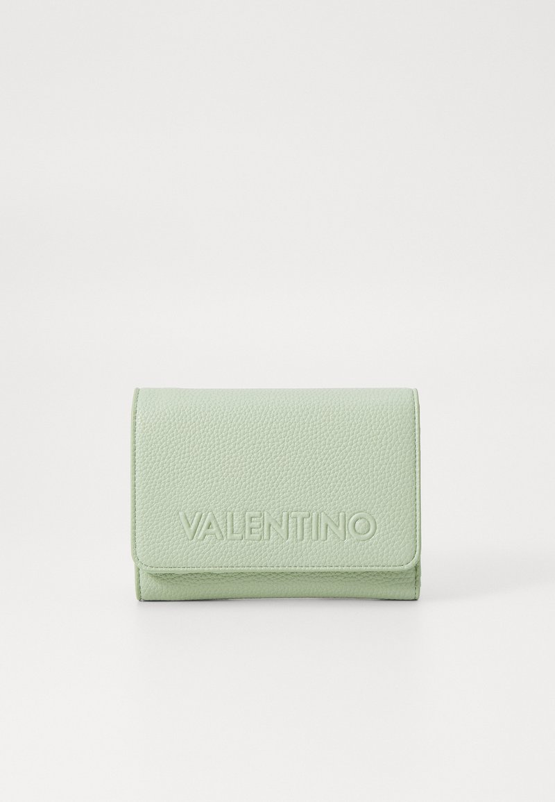 Mint green leather wallet with a textured finish, featuring embossed "VALENTINO" logo on the front. Compact, foldable design.
