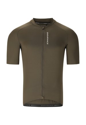 Olivgrünes kurzärmeliges Radtrikot mit Frontreißverschluss und "ENDURANCE"-Logo auf der Brust und am Saum.