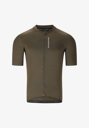 Olivengrøn kortærmet cykeltrøje med lynlås foran og "ENDURANCE"-logo på bryst og kant.
