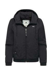 Black, zip-up jacket with a hood. Features ribbed cuffs and hem, textured accents on shoulders, and a logo on the chest. Waterproof material.