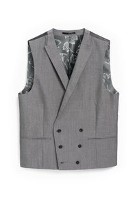 Grau ärmellose Weste mit doppelter Knopfleiste, zwei Fronttaschen und floral bedrucktem Innenfutter. Glatte Stofftextur und taillierte Form.