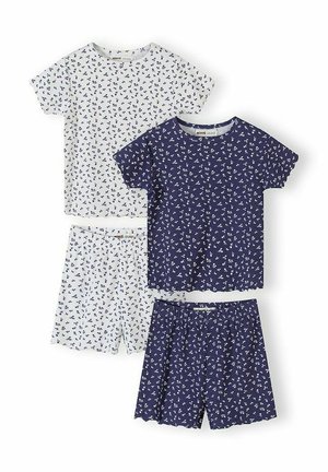Dwa zestawy dziecięcych krótkich piżam: jeden biały z granatowymi wzorami, drugi granatowy z białymi wzorami, oba z krótkimi rękawami i szortami z elastycznym pasem.