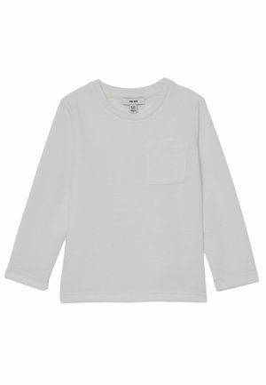 Dlhý rukáv, biele tričko s guľatým výstrihom, s textúrovaným vaflovým vzorom a náprsným vreckom. Mäkký materiál s voľným strihom.