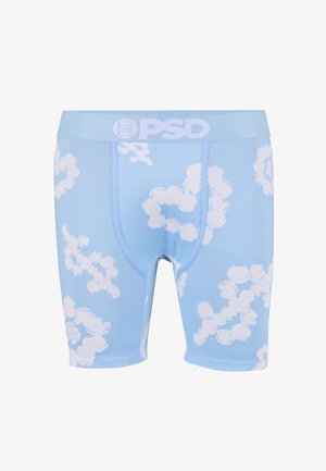 Hellblaue Boxershorts mit weißen wolkenähnlichen Mustern und einem breiten Taillenbund mit dem PSD-Logo in Weiß.
