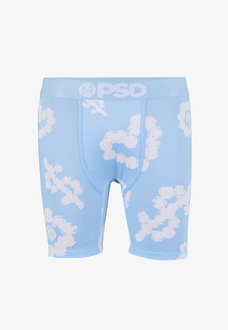 Boxers bleu clair avec des motifs blancs en forme de nuages et une large ceinture élastique portant le logo PSD en blanc.