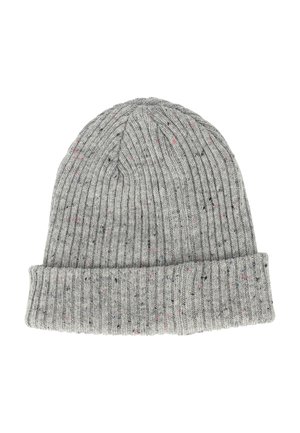 Grå ribbad stickad mössa med uppvikt kant, som har subtila färgfläckar genom hela. Tillverkad av mjukt och elastiskt material.