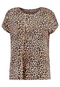 Top s krátkým rukávem v leopardím vzoru s kulatým výstřihem. Měkká látka, volný střih, s různými hnědými a černými skvrnami na béžovém pozadí.