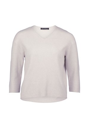 Jasnoszary, prążkowany sweter z dekoltem w serek, rękawami o długości trzech czwartych i lekko zaokrąglonym dołem. Metka: Betty Barclay.