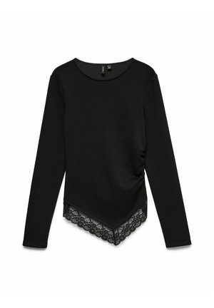 Zwarte top met lange mouwen, ronde hals, asymmetrische zoom en kanten rand onder aan de zoom.