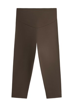 Leggings marron foncé coupés, avec une taille haute en V, tissu lisse et sans logos ni motifs visibles.